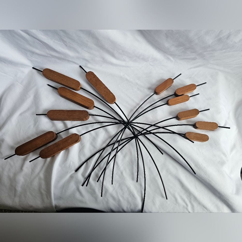 Decorative Wooden Wall Art with Black Stems Cat Tails Mid-Century Modern